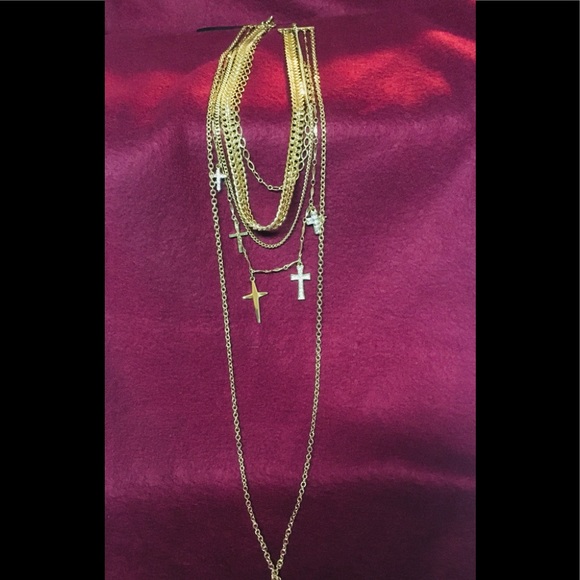 Express gold-tone necklace multi layered with bling crosses - Picture 7 of 9
